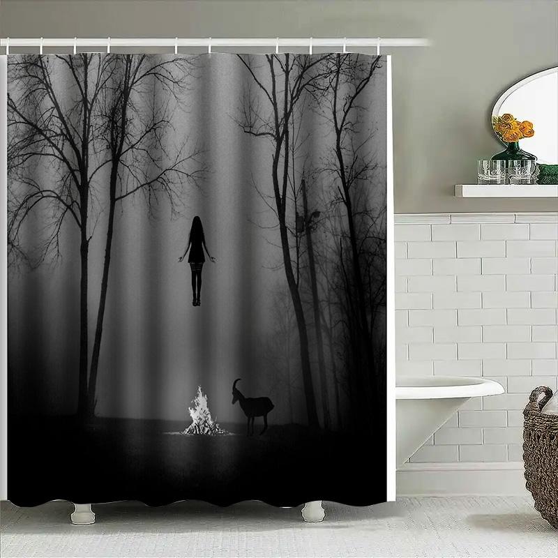 Dunkler Wald Hirsch Silhouette Gotischer Duschvorhang Vintage Halloween Gruselige Landschaft Natur-Thema Badezimmer Dekoration Wandteppich