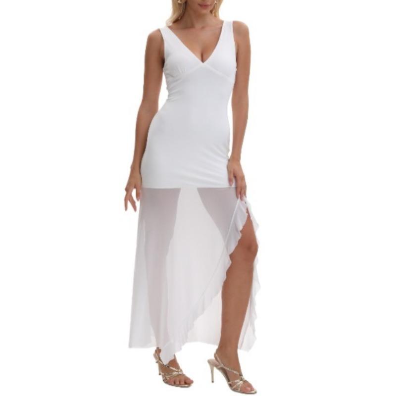 Curvphilo Deep V Neck Sleeveless Dress Mesh Ruffle Bodycon Maxi Dress for Women Double Lined Cocktail Party Dress