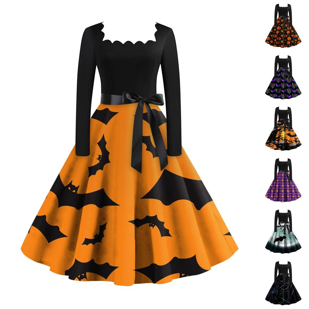 Lässiges, modisches Vintage-Kleid mit Halloween-Print für Damen