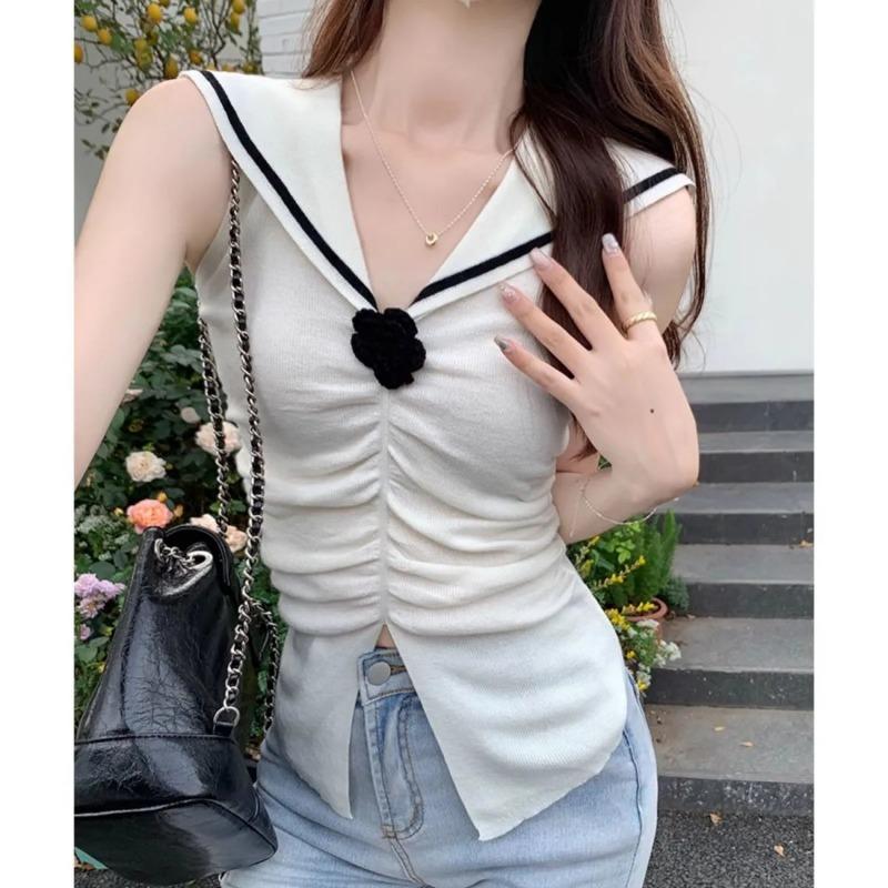 Summer New Women's Sweet Navy Collar Sleeveless Knitted Vest Slim Fit Top