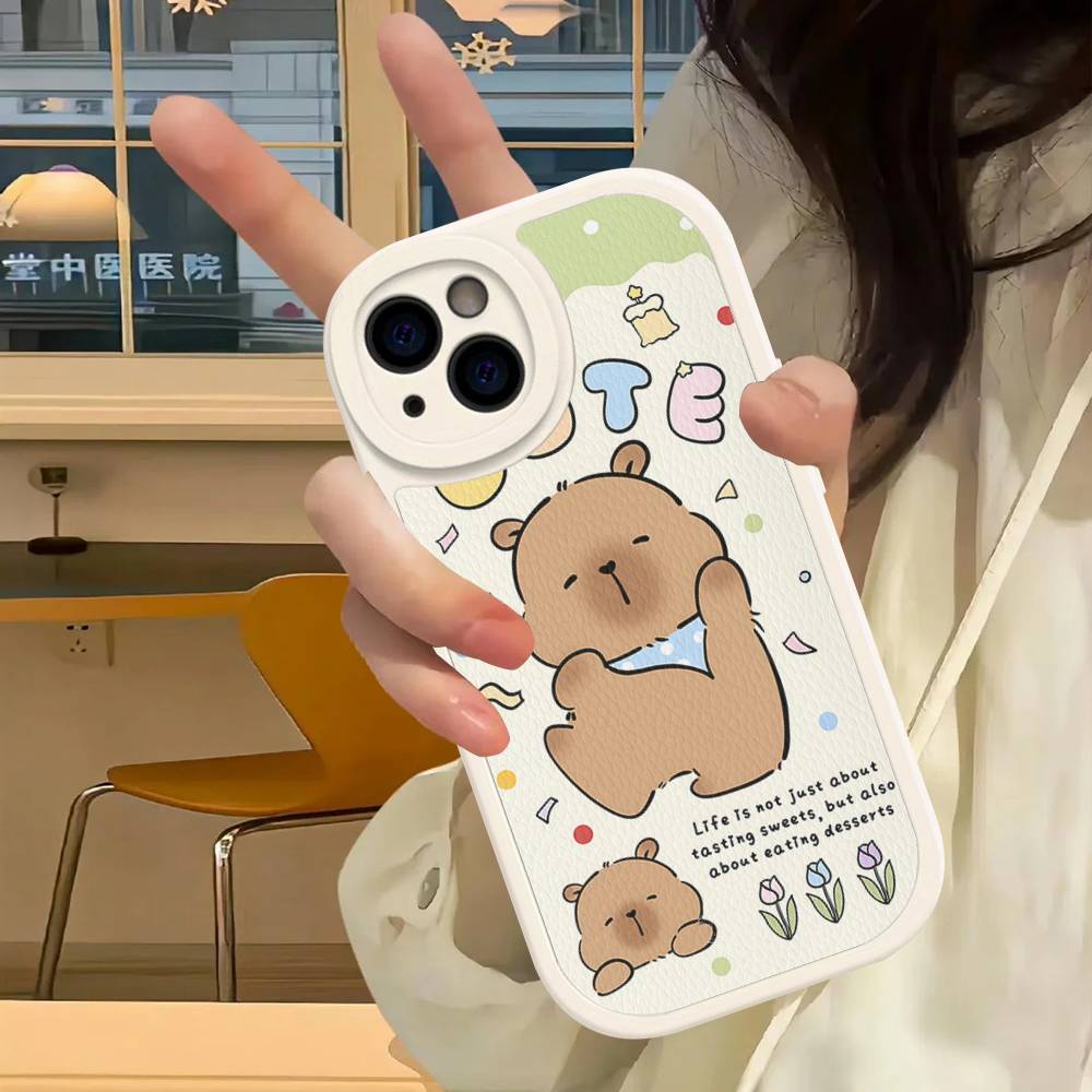 Cartoon Capybara Leather Phone Case For IPhone 16 16e 15 14 13 12 11 Pro Max Plus Mini Cover
