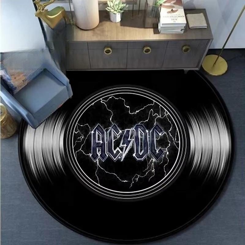 Retro Rockband Musik Schallplatte Runder Teppich Flanellteppich für Schlafzimmer Rutschfest Waschbare Fußmatte für Wohnzimmer Stilvolle Deko-Matten