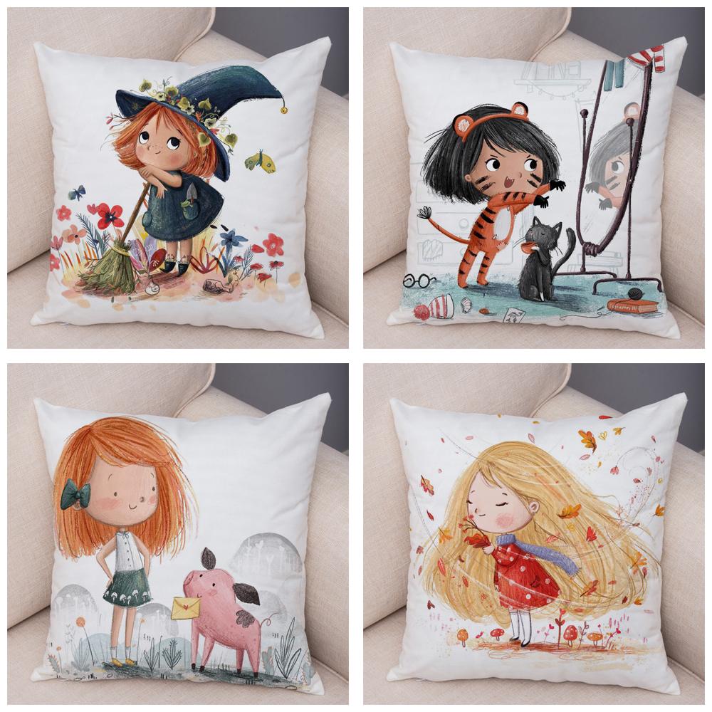Super Soft Plush Pillow Case for Sofa Home Watercolor Cartoon Girl Cushion Cover Decor Fairy Tale World Lovely Child Pillowcase