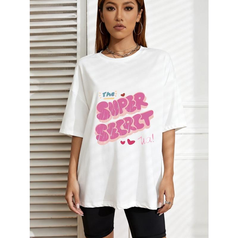 Weißes Oversized-T-Shirt mit dem supergeheimen Wa-Text und Herz-Print für Freizeitkleidung