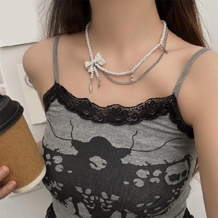 Adjustable Length Bowknot and Pearls Necklace Glass Beads Double Layer Choker Handmade Business Meeting Jewelry