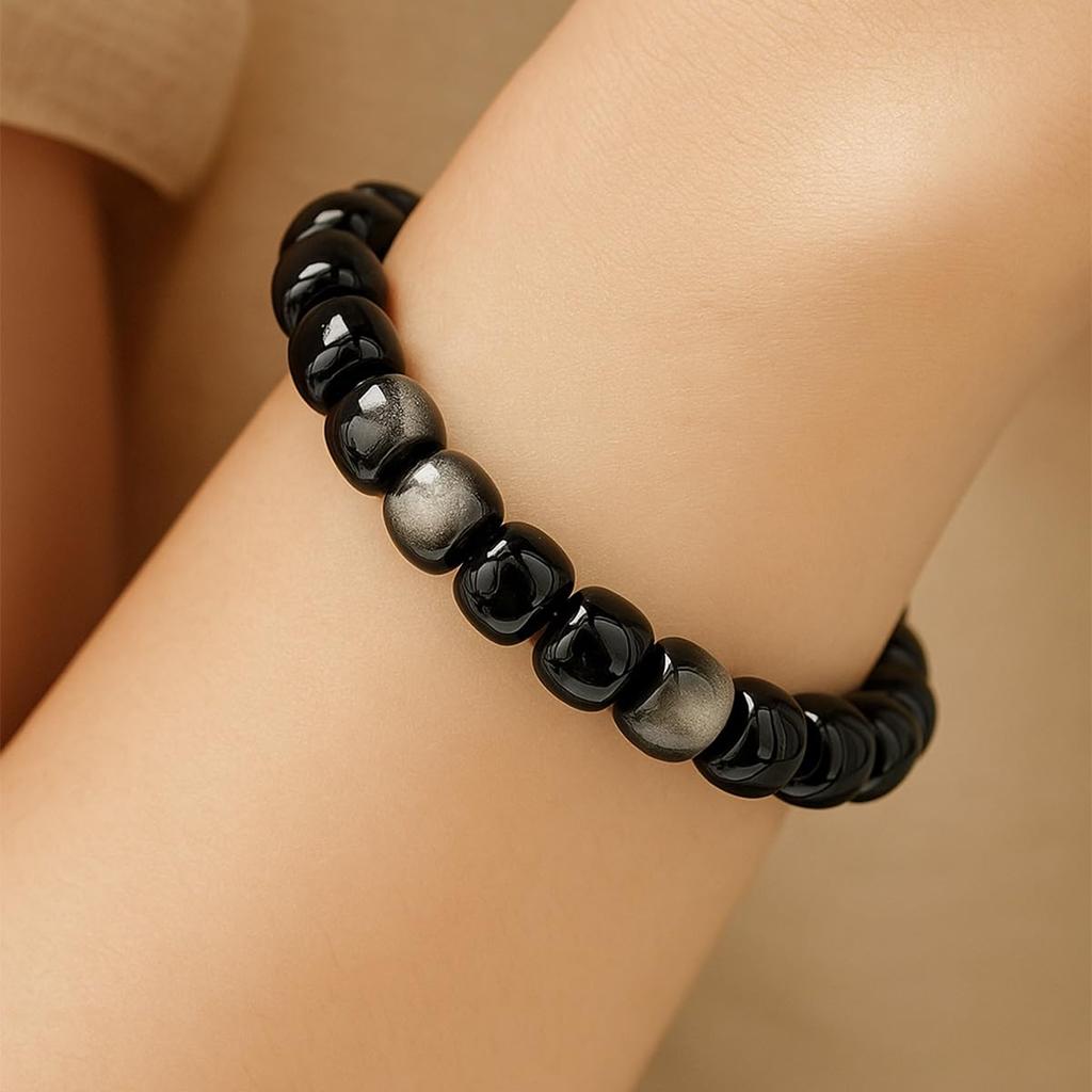 AURABLOOM Lucky Charm Silver Onyx Bracelet Set of 3 for Power Stylish Birthday Spiritual Accessory Obsidian Hand Women, Stone, Gift, Gift, (Medium