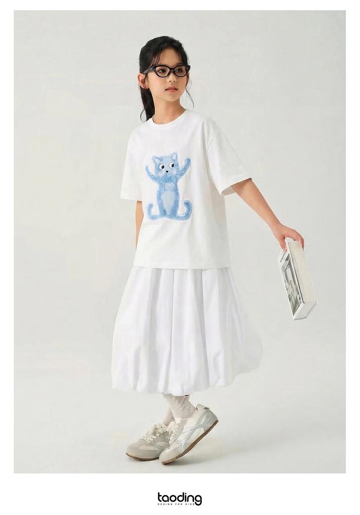 Girls' White Cartoon Cat Loose-Fit Round Neck T-Shirt