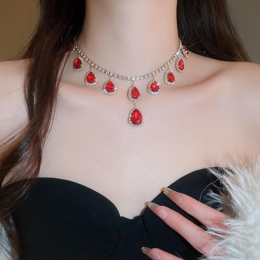 Elegant Rhinestone Tassel Geometric Water Drop Necklace & Earring Set
