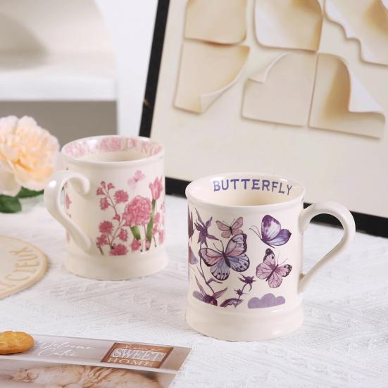 380ML Ceramic Coffee Mug Retro Vintage Floral Drinking Mugs Hand-Painted Floral Butterfly Pattern Tea Cup with Handle Gift for Women Girls
