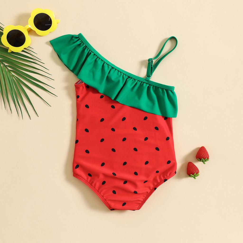 Kid Sleeveless Ruffle Strapless Cartoon Strawberry Print One Piece Swimsuit Bikini Swimwear 1 Piece Cartoon Sleeveless Swim Suit