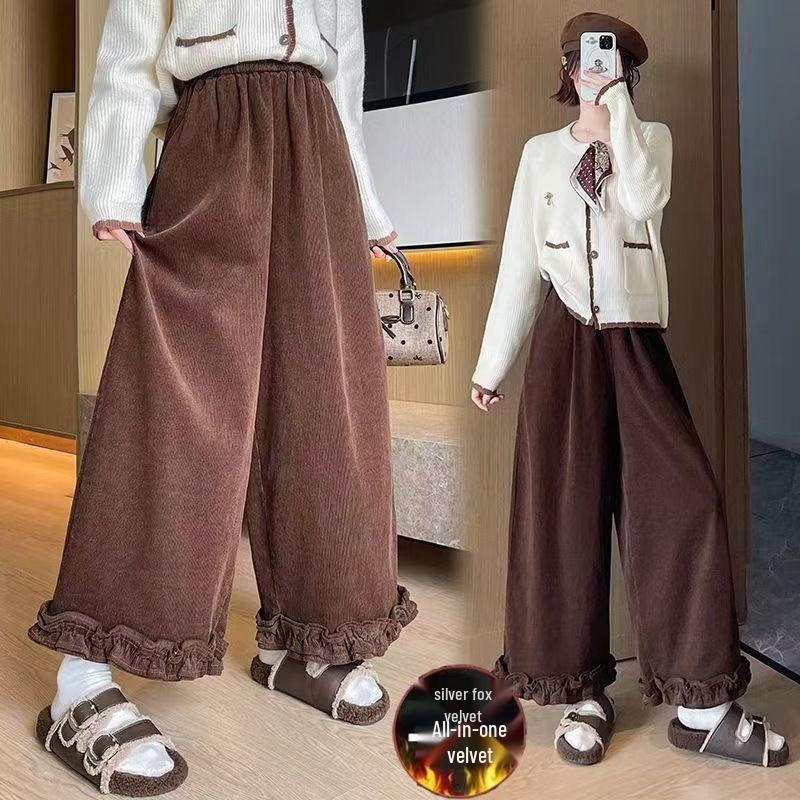 2025 Autumn/Winter Plus Velvet Corduroy Patchwork High Waist Wide-Leg Casual Pants