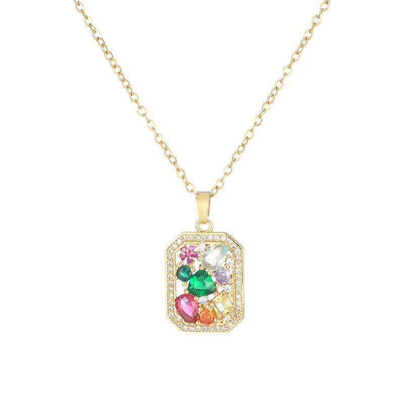 Color Zirconium Square Necklace Female Bohemian Personality Versatile Collarbone Chain Jewelry