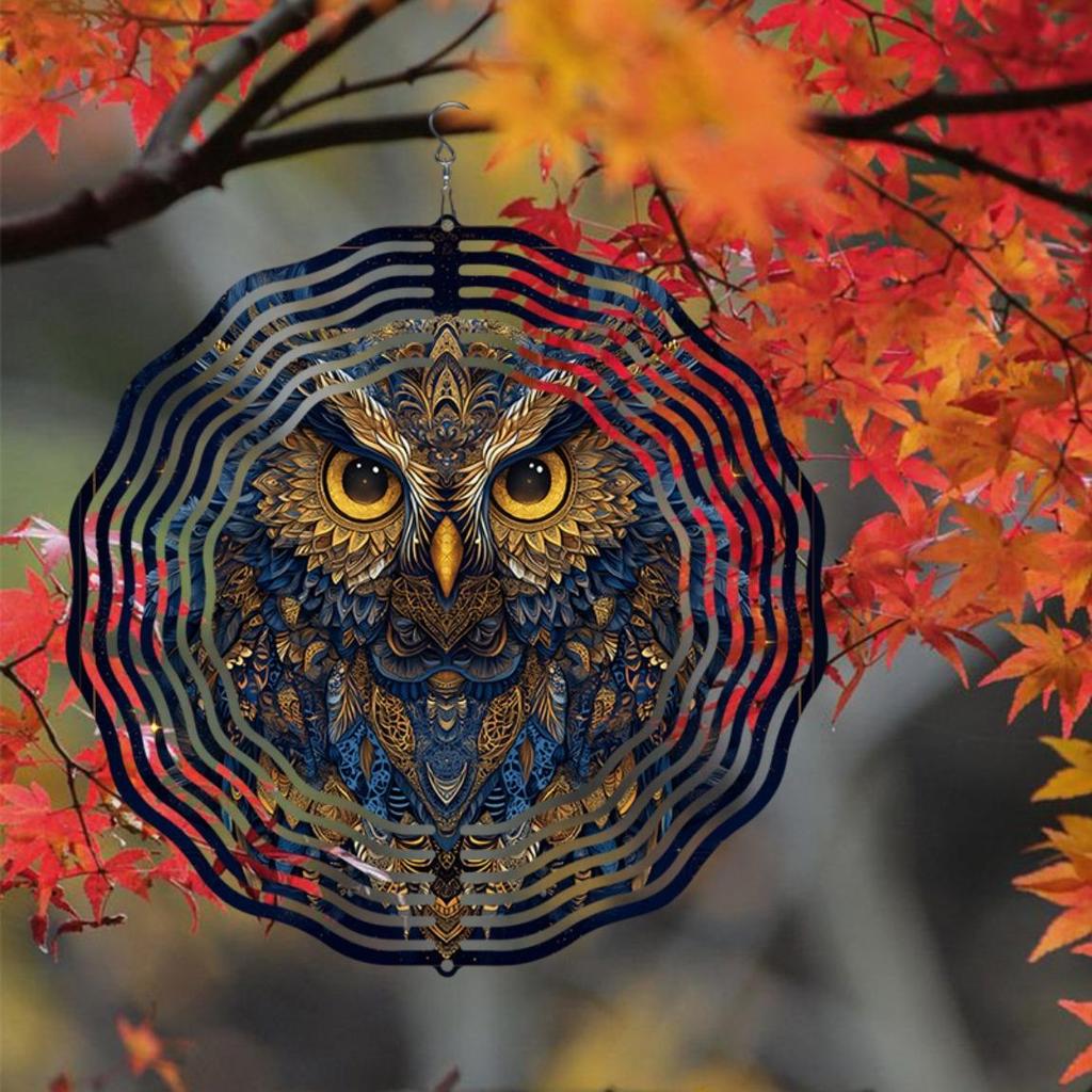 Kaijit - Majestic Owl Design 3D Hanging Wind Chime with Golden Mirror Reflection, Bird Deterrent Outdoor Decor for Garden & Weddings