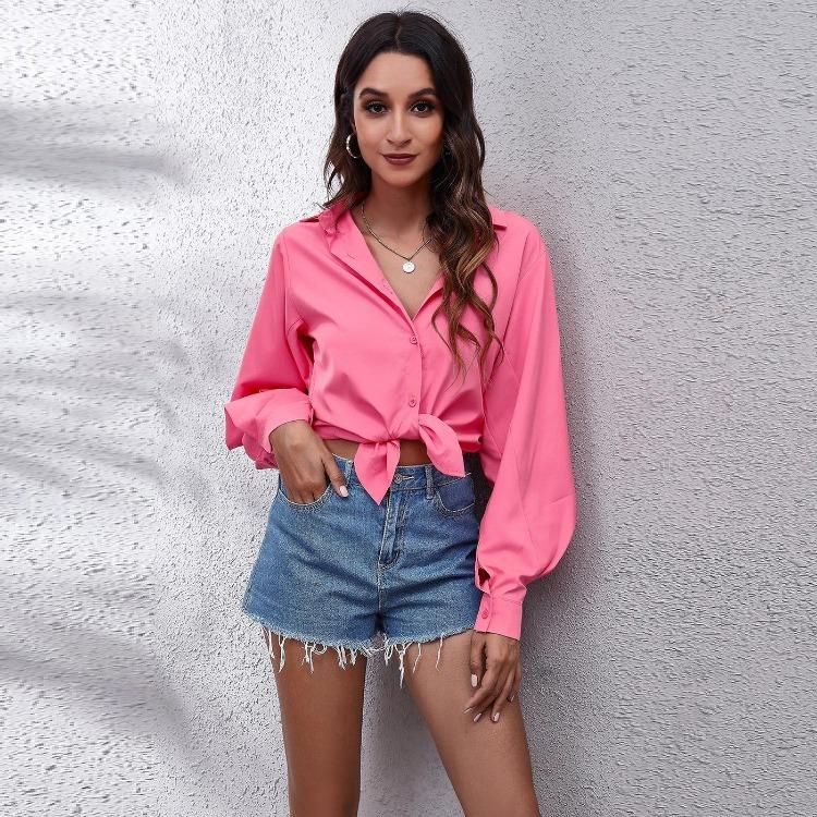 New Women Long Sleeve Blouse Button Down Collar Blouson Sleeve Shirt Solid Color Business Casual Tops Office Work Clothes Daily Wear Fashion S XL