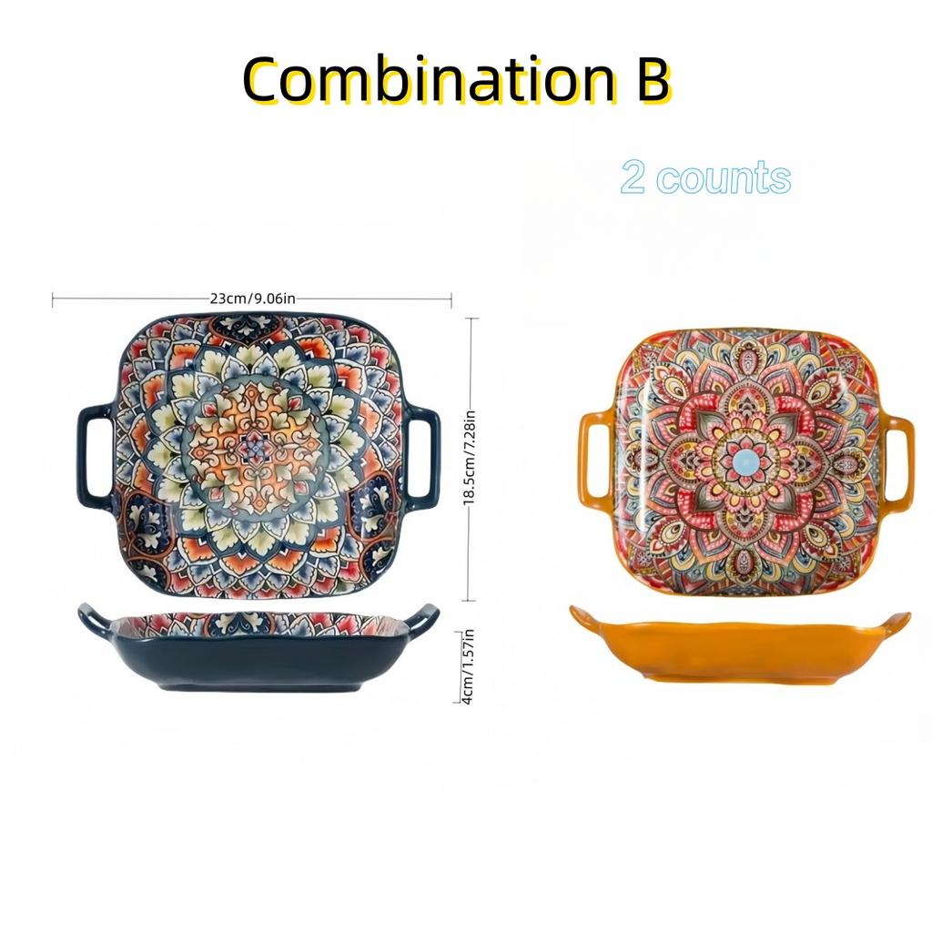 Bohemian Double Ear Square Ceramic Plate Creative Household Dish Plate Net Red Fruit Spaghetti Plate Oven Microwave Oven-9inch