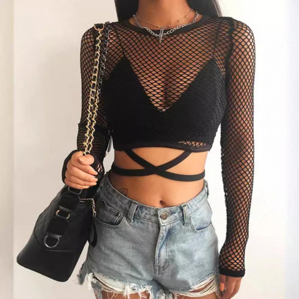 Grid Spliced Cross-banded Hollow Sunscreen Shirt Sexy Perspective Shorts Navel T-shirt Top