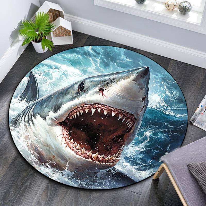 Shark Attack Round Area Rug,Carpet Rug for Living Room Bedroom Sofa Playroom Decor,Non-slip Floor Mat