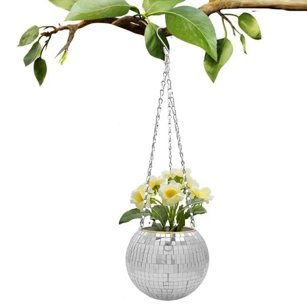 Glass Mirror Disco Ball  Flower Planter Wood Base Plant Hanging Basket  Indoor Plants