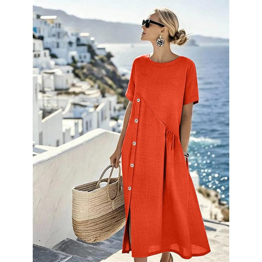YYFS Damenmode Sommer Frühling Einfarbig Druck Kurzarm O-Ausschnitt Lose Taille Freizeitkleider
