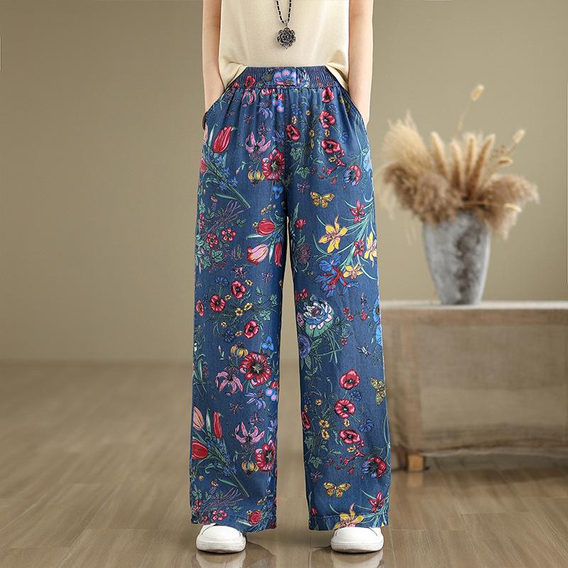Pantaloni Dritti Larghi con Stampa Floreale Donna Autunno Vita Alta Pantaloni di Jeans Larghi per Donna Casual All-Match Jeans