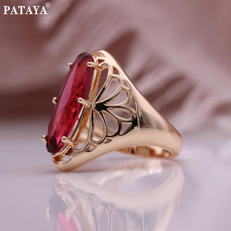 PATAYA Inlay Tourmaline Color Artificial Zircon Rings Rose Gold Color Retro Style Classic Rings
