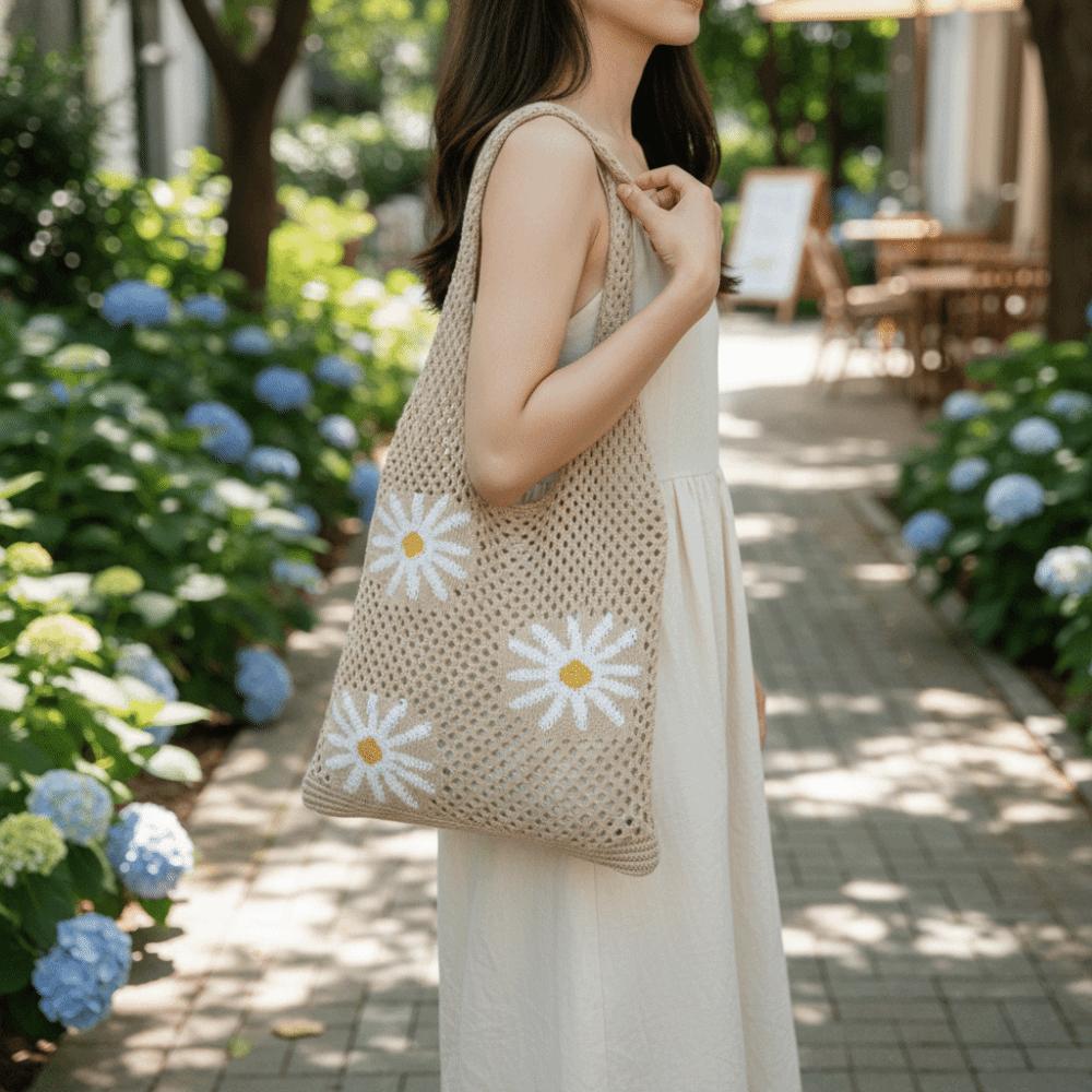 Large Capacity Beach Knitting Bag Flowers Pattern Hollow Shoulder Bag Crochet Tote Bag  Office