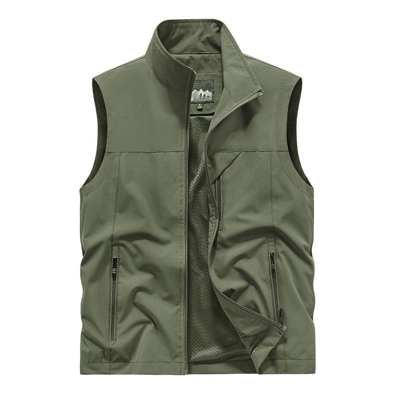 

Men s Stand Collar Cargo Vest Lightweight Polyester Casual Sleeveless Jacket 4XL армия зеленый