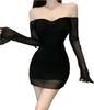Elegant waist-tightening slimming flared long-sleeve mesh dress for women, pure and alluring hot girl, off-shoulder tight pencil short skirt