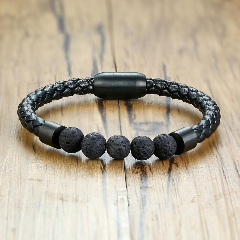 Titanium Steel Man Chakra Jewelry Wholesale Stainless Steel Men's Black Leather Volcanic Beaded Braclets Stone Leather Bracelets