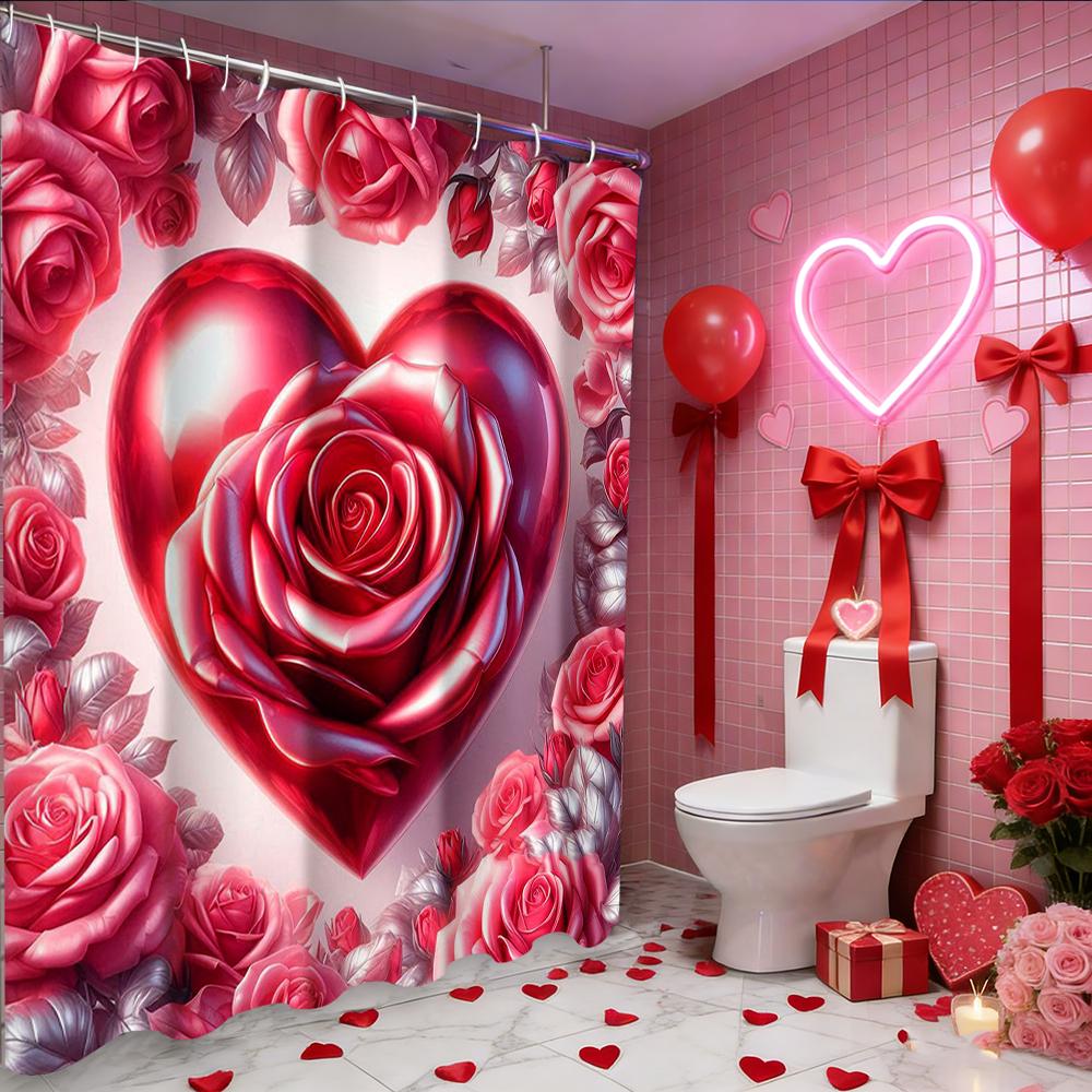 Valentine's Day Love Heart Rose shower curtain, bathroom shower waterproof curtain with 12 hooks, fish shaped home decoration