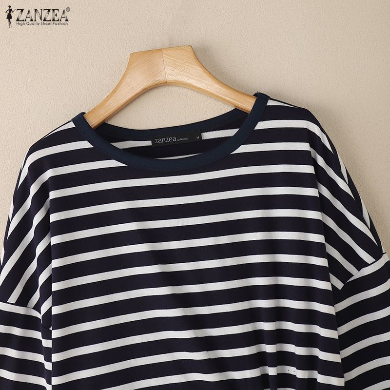 ZANZEA Women Casual Round Neck Loose Long Sleeve Stripe Blouse