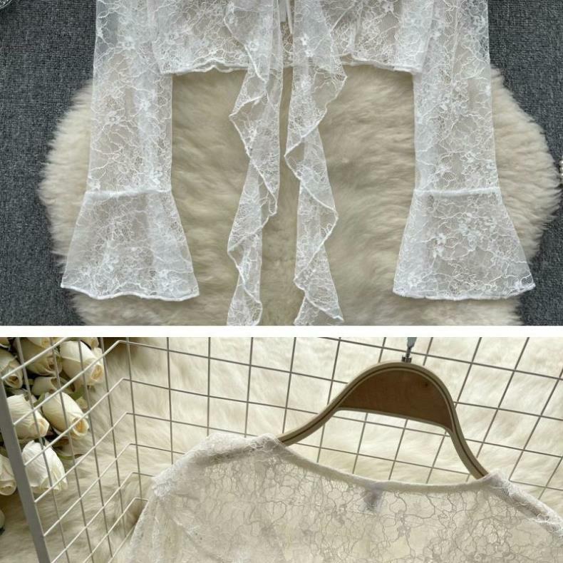 Cardigan estivo in chiffon da donna - Pizzo con balze, Chiusura con laccio sul davanti, Maniche a campana, Sciarpa parasole.