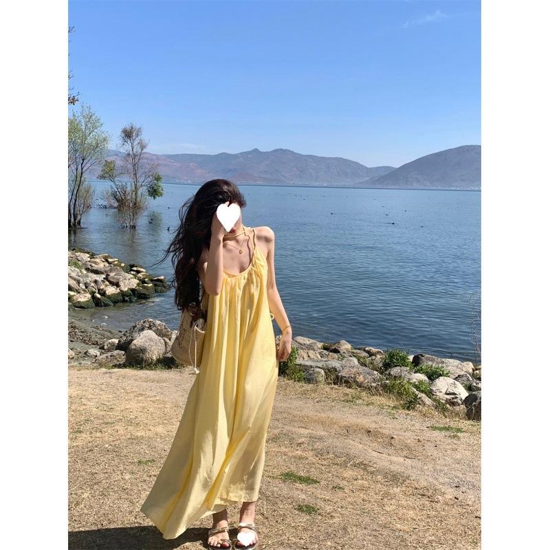 French Yellow Suspender Dress Women's Summer Seaside Vacation Style Dress Loose A-line Skirt Long Skirt