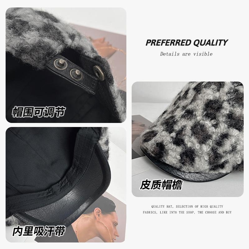 Spice Girl Style Leopard Print Retro Forward Hat Female Lamb Wool Warm Beret Cap Showing Face Small Brim Painter Hat