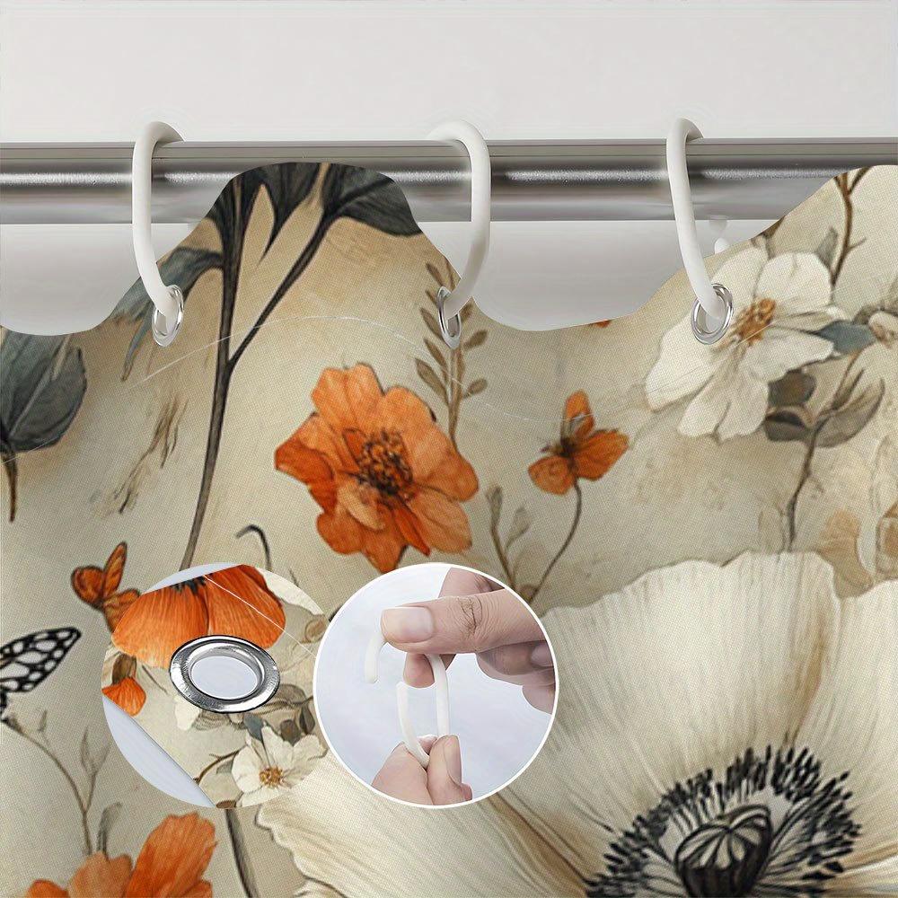 1 Stück Lebendiger Oranger Mohn Duschvorhang - Schmetterlinge & Weiße Blumen, Realistisches Florales Design, Elegante Badezimmerdekoration