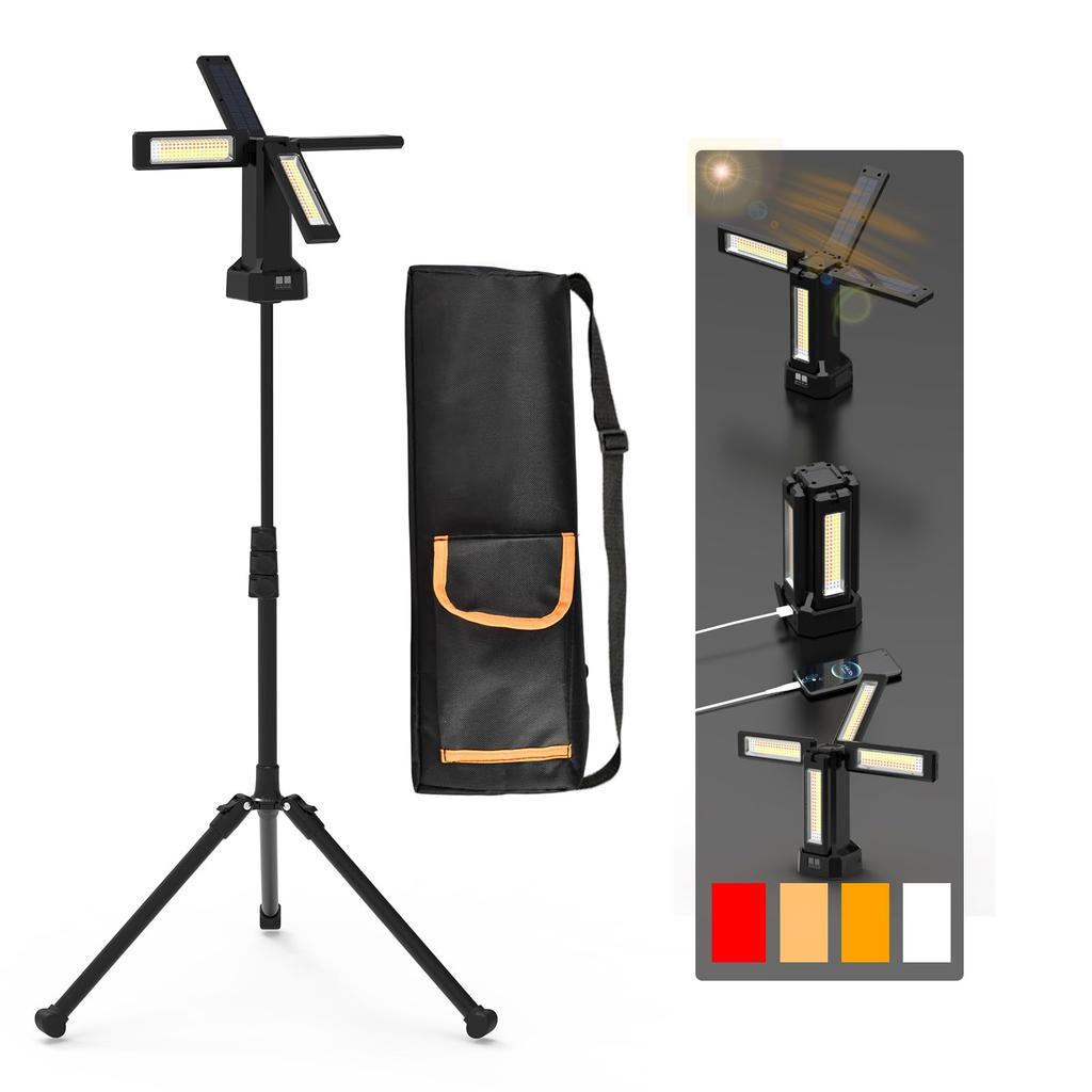 Floodlight LED Work Light 8000lm Brightness USB Rechargeable Solar Charging 4 Lighting Modes 3 Color Switching Daylight Warm White Bulb Color Magnetic