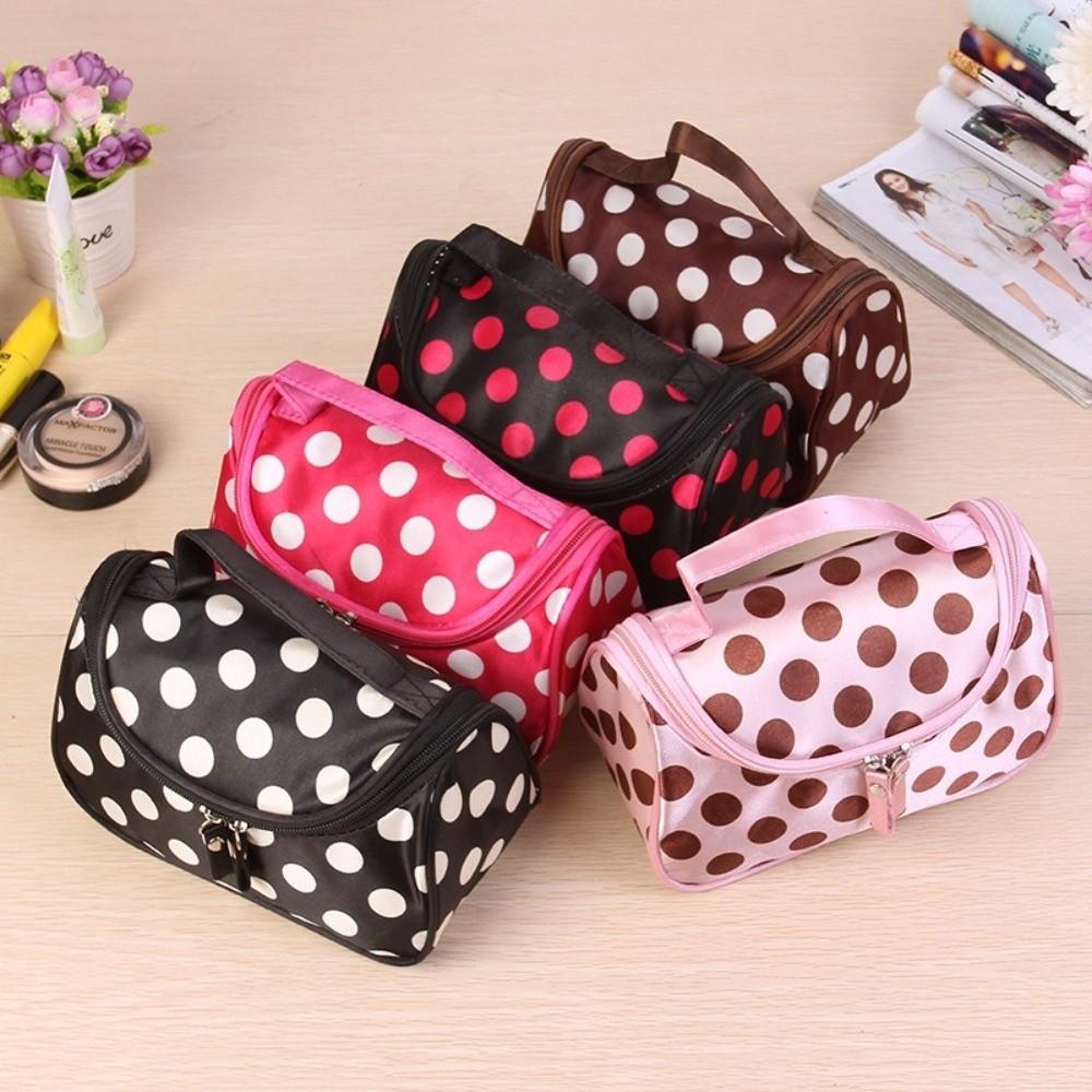 Portable Makeup Bag Polka Dot Pattern Korean Style Cosmetic Storage Bag Flip Design Large Capacity Travel Toiletry Bag