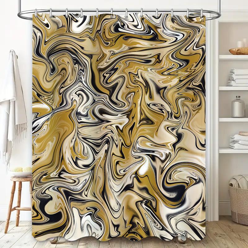 Luxury Marble Print Shower Curtain Modern Bathroom Decor, Waterproof Fabric For Wet Areas Gold Black Abstract Pattern (180 X 180