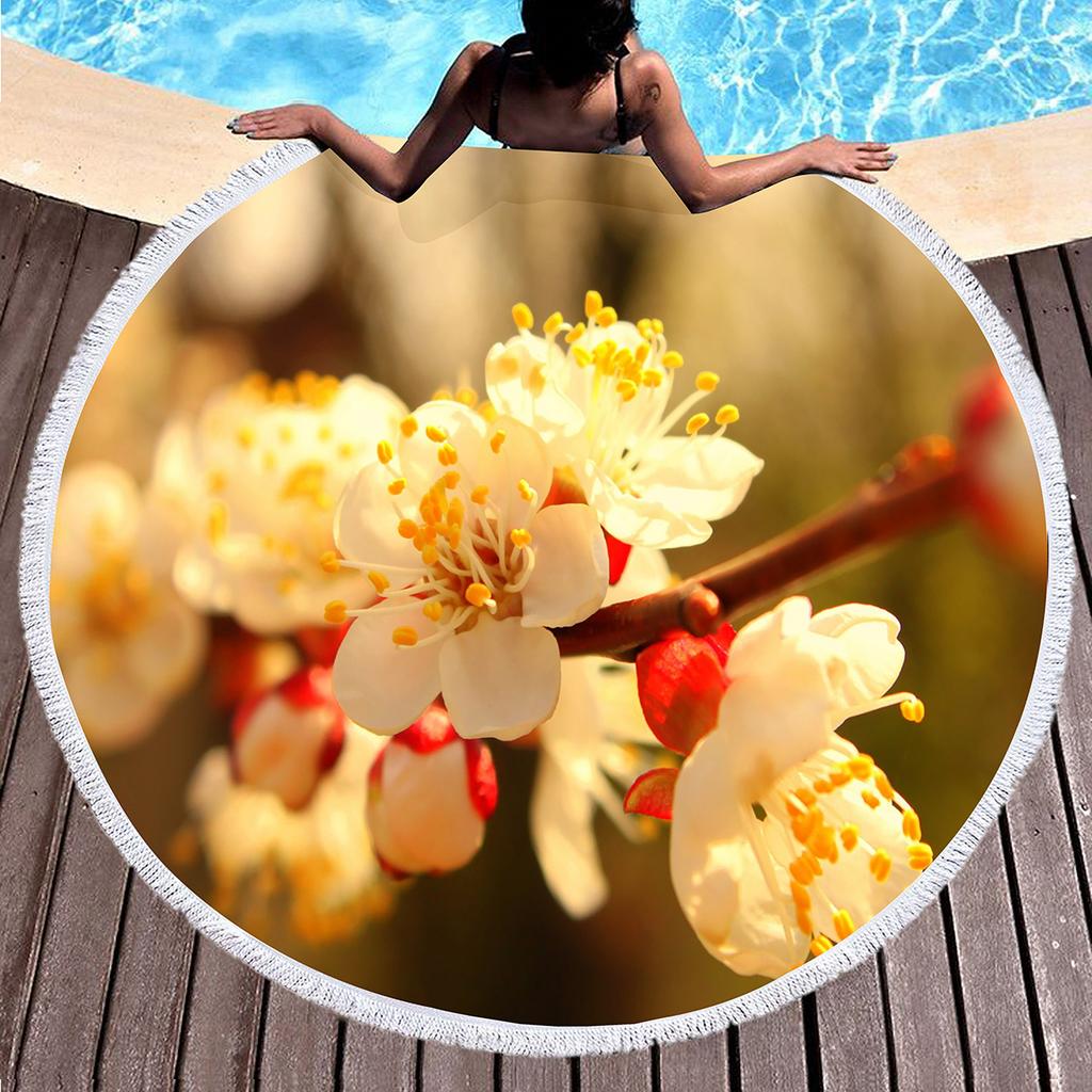 Beautiful Peach Blossom Round Beach Towel with Tassel,Microfiber Sand Free Quick Dry Botanical Floral Circle Bath Towel Yoga Mat