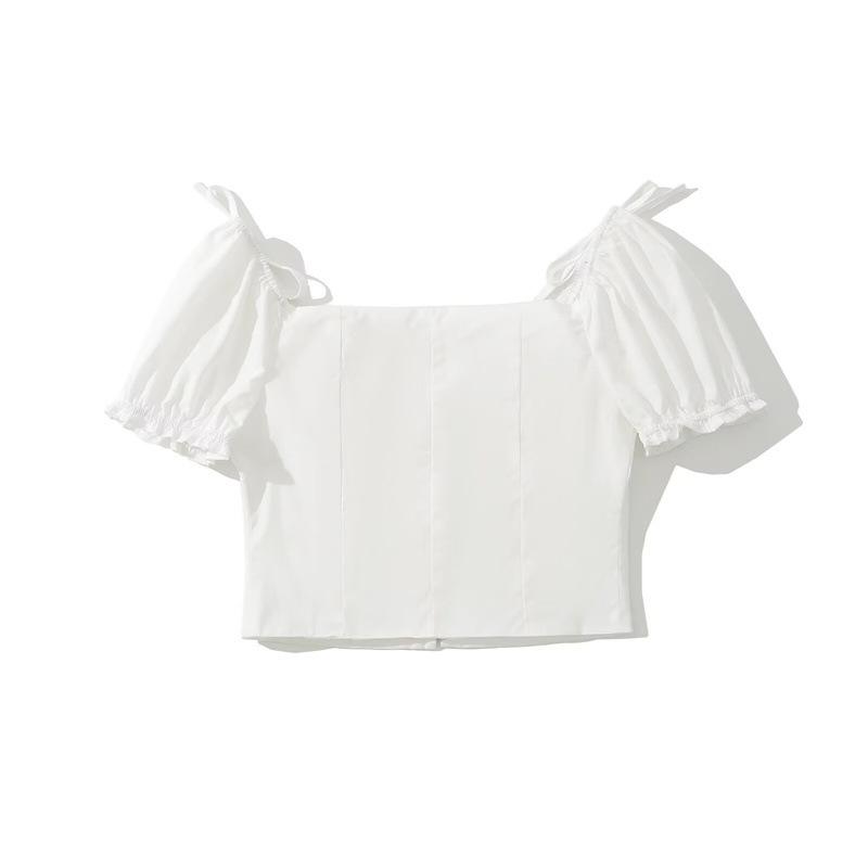 Retro Weißes Puffärmel Schnürung Cropped Top für Damen