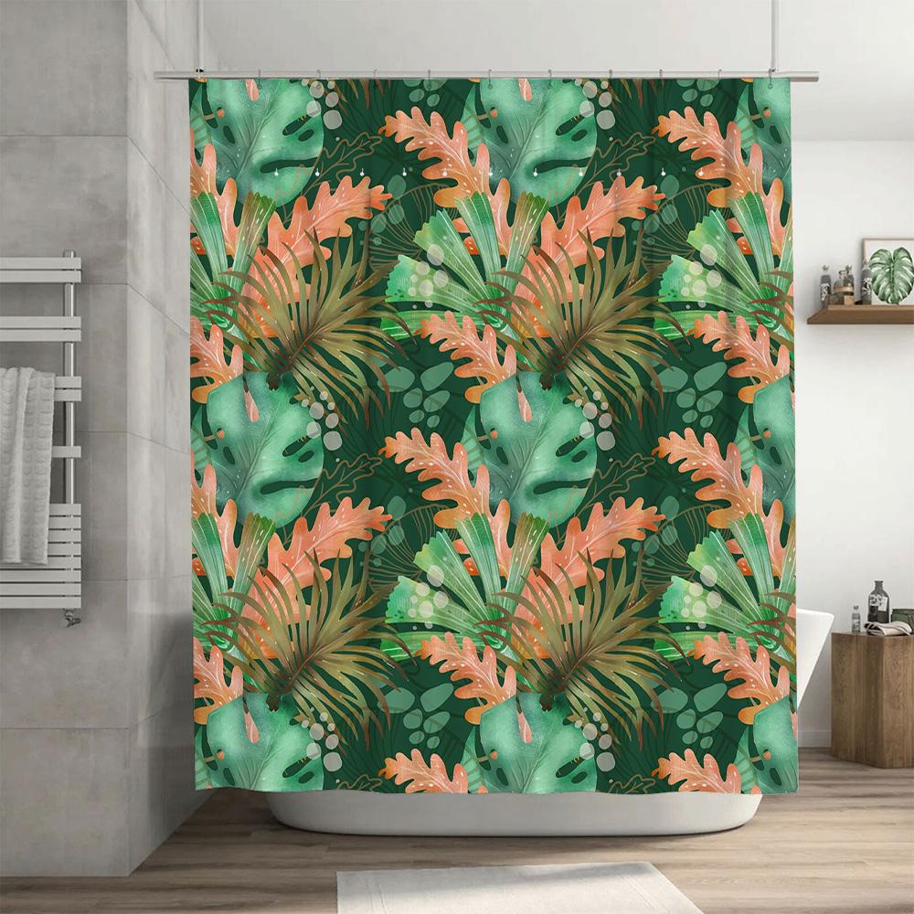 Vibrant Tropical Leaf Shower Curtain for Bathroom Decor Rustic Green Peach Floral Pattern Waterproof Fabric Size 180cm x 240cm O