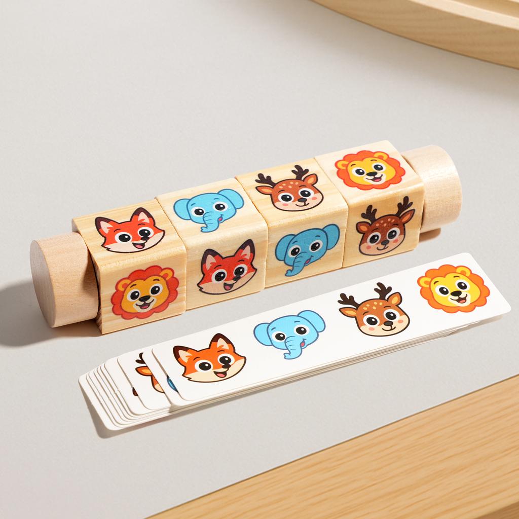 Wooden Dinosaur Animal Puzzle Rolling Block Toy Montessori Match Game With Cards 1 PC Fine Motor Training Toy Gift for Toddlers