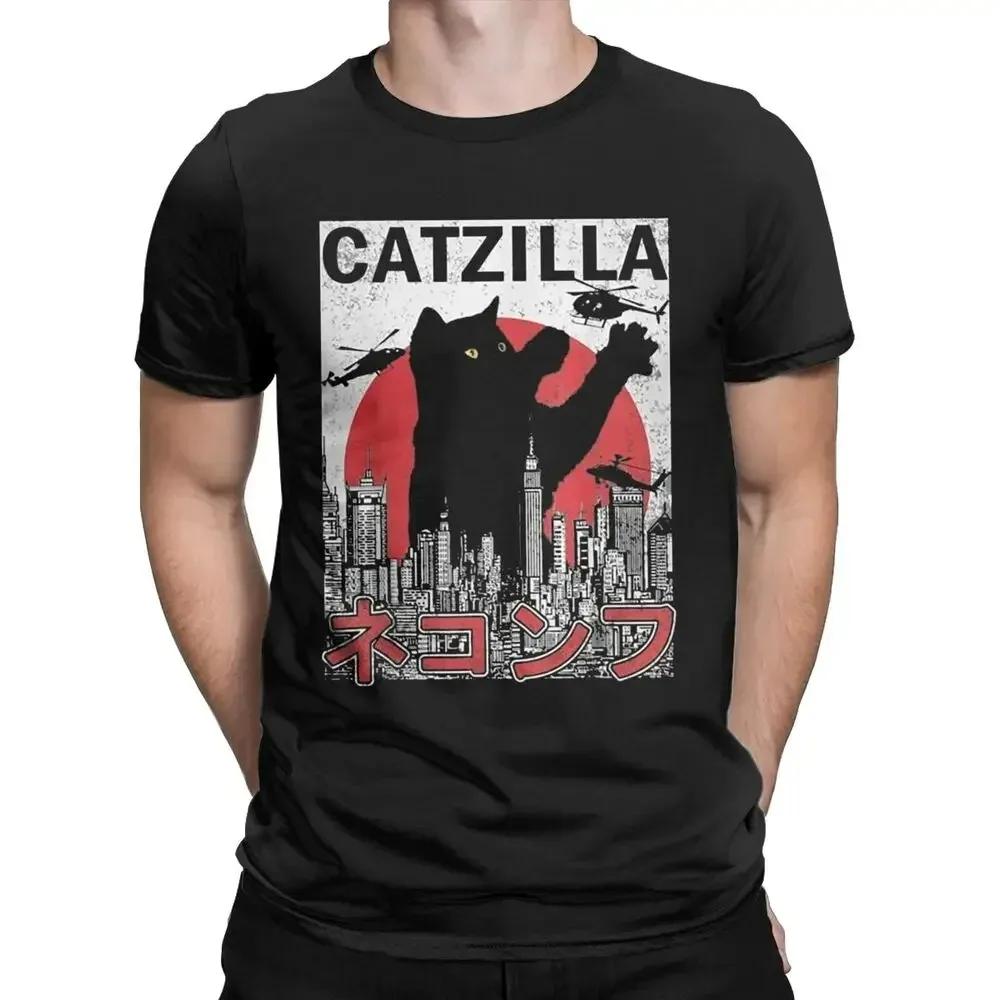 Catzilla Monsters Kätzchen T-Shirts Herren Damen Rundhals Reine Baumwolle Tees Anime Schwarze Katze Lässig Kurzarm Partnerlook Oberteile