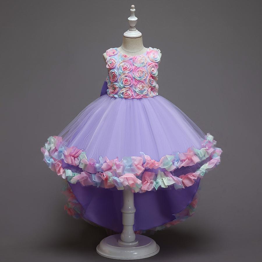 Girls Mesh Flower Runway Dress Children's Party Wedding Princess Dress with Train