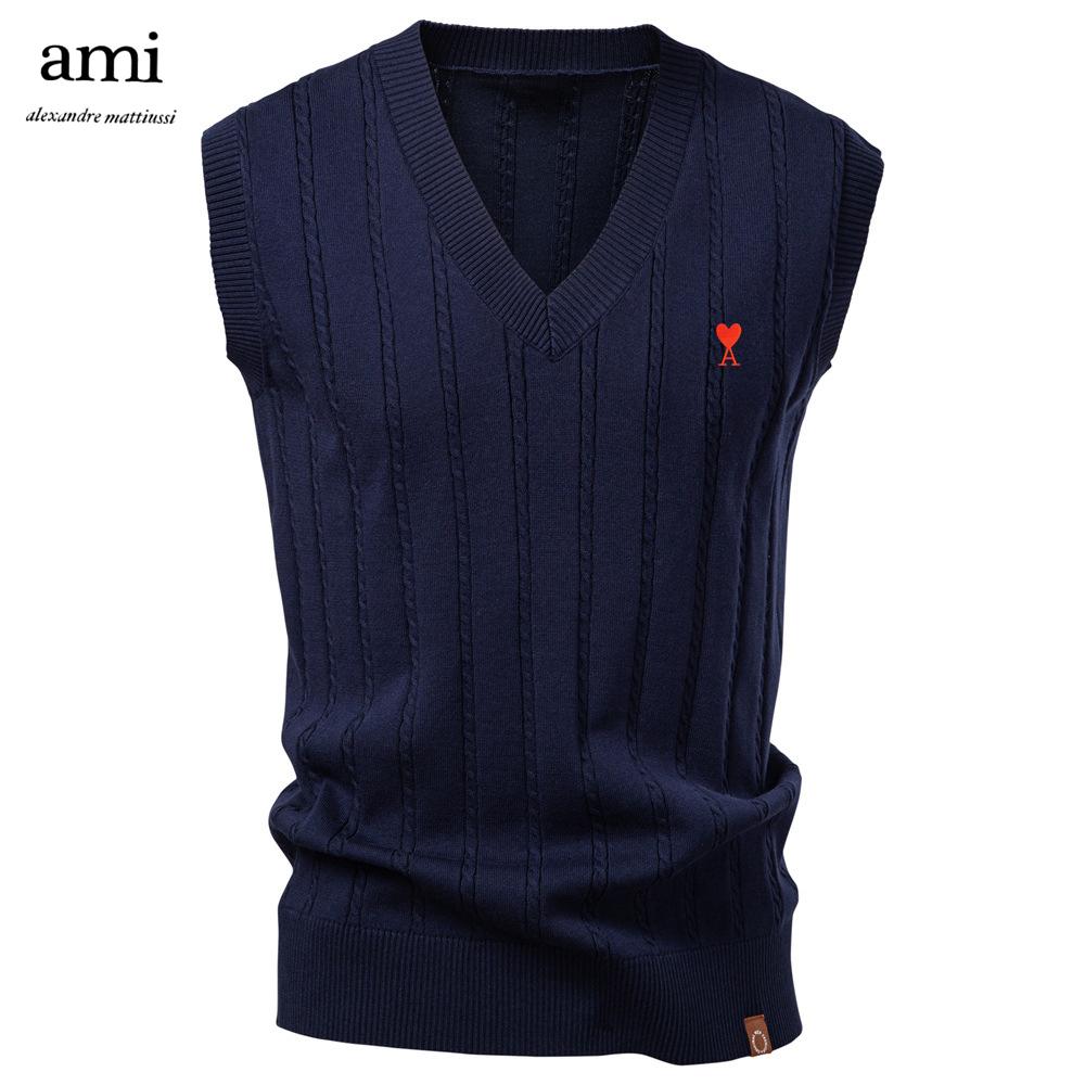 AMI Embroidery Autumn/Winter 2025 European Size V-neck Fried Dough Twists Sweater Vest for Men's Business Sweater Waistcoat
