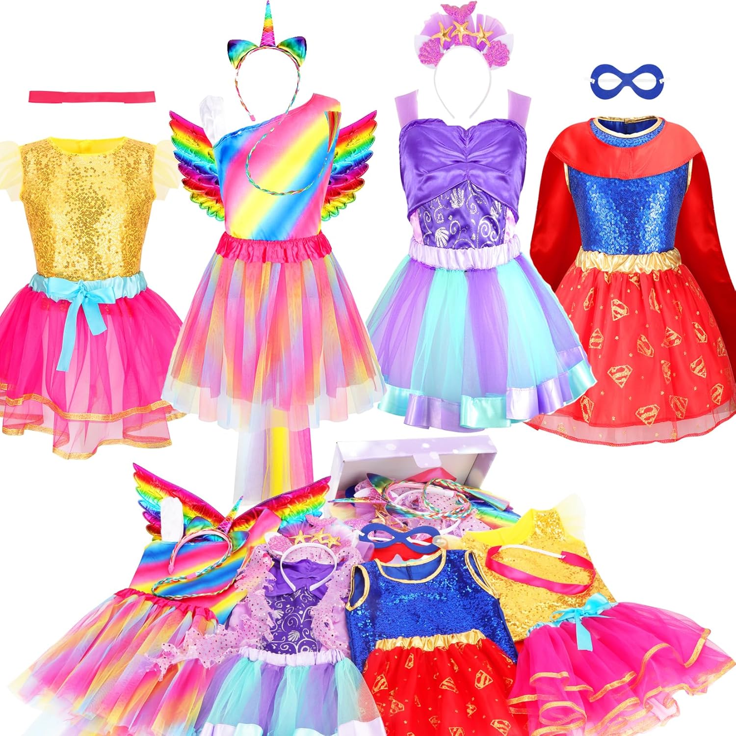 Princess Dress up Clothes for Girls,Princess Costume for Girls with Wing Headband,Unicorn Costume & Mermaid Costume Halloween Christmas Birthday