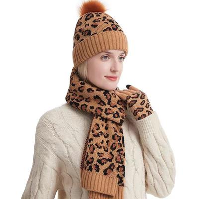 European and American Leopard Print Knitted Hat, Scarf, and Gloves Set for Autumn and Winter