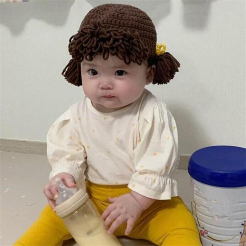 Drăguț nou-născut fetiță pălărie pălărie cosplay păr împletitură perucă șapcă iarnă cald tricot copii copii fete pălării și șepci prop fotografie
