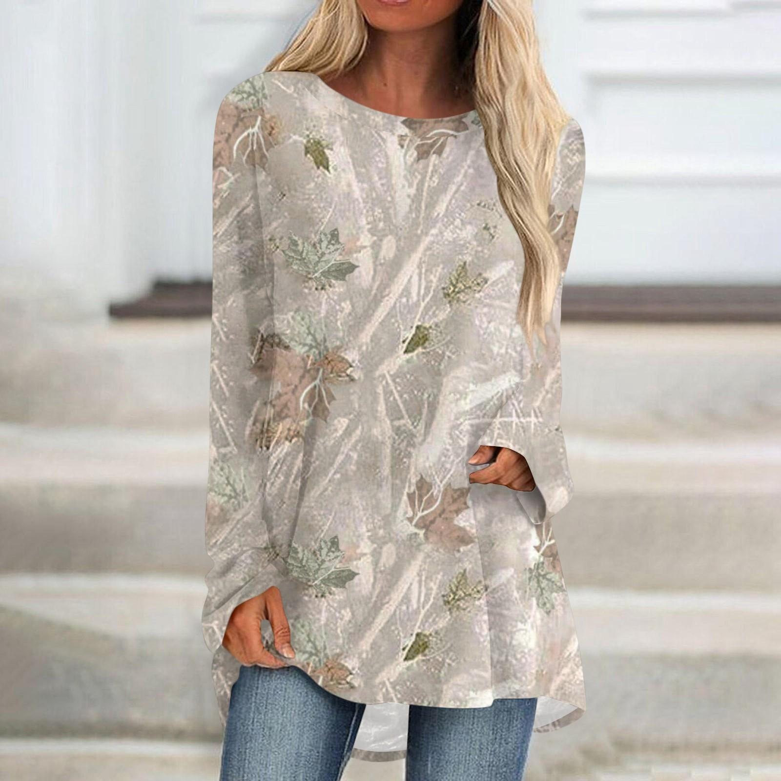 

Женская модная повседневная футболка с принтом, длинный рукав, круглый вырез, средний длинный топ XL хаки