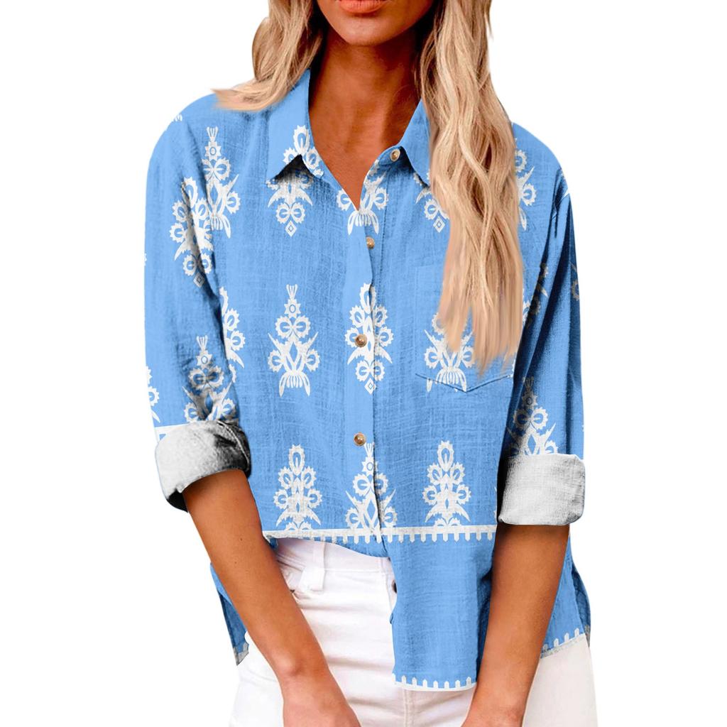 Women's Loose Floral Print Stand Collar Long Sleeve Cotton And Linen Top